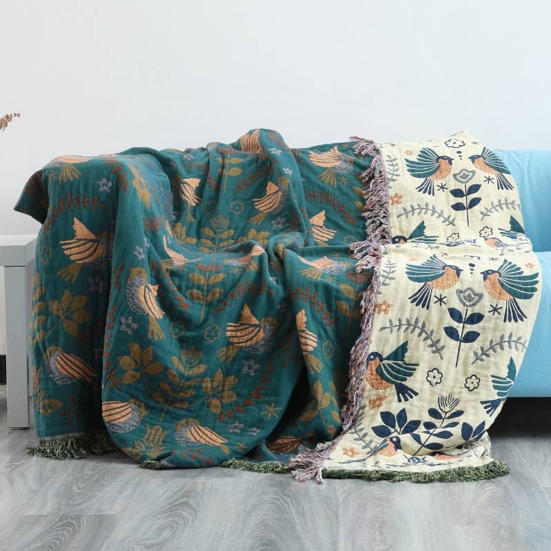 Velzora - Plaid décoratif en coton gaufré à motifs floraux et oiseaux | Velzora