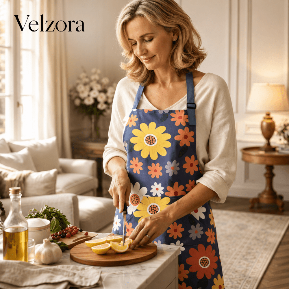 Velzora - Tablier de cuisine en coton enduit à imprimé floral vintage | Velzora