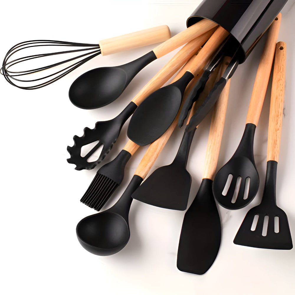 Velzora - Ensemble ustensiles cuisine 12 pièces en silicone et bambou | Velzora
