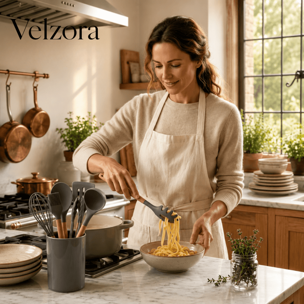 Velzora - Ensemble ustensiles cuisine 12 pièces en silicone et bambou | Velzora