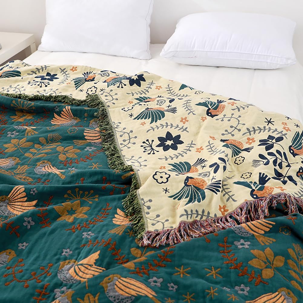 Velzora - Plaid décoratif en coton gaufré à motifs floraux et oiseaux | Velzora