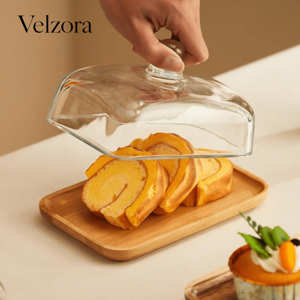 Velzora - Beurrier en bois et verre transparent – base rectangulaire | Velzora