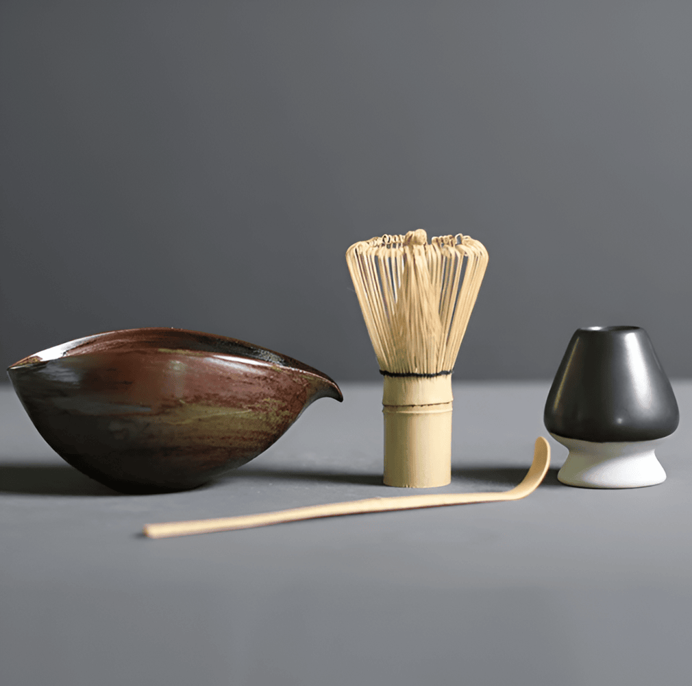 Velzora - Service à matcha japonais en céramique et bambou – 4 pièces