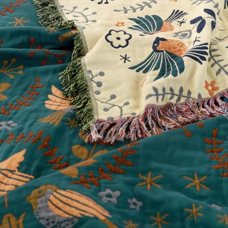 Velzora - Plaid décoratif en coton gaufré à motifs floraux et oiseaux | Velzora