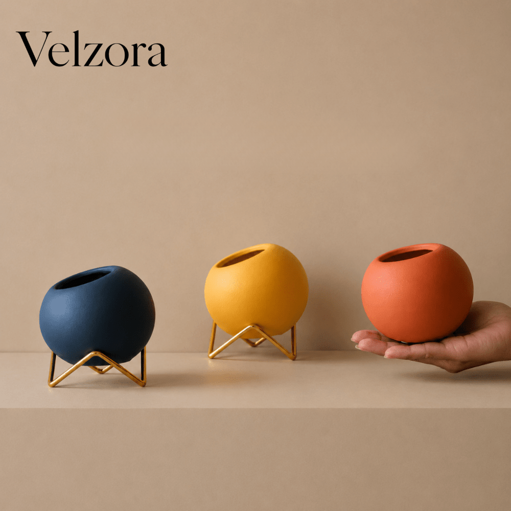 Velzora - Cache-pot en céramique texturée sur pied en métal | Velzora