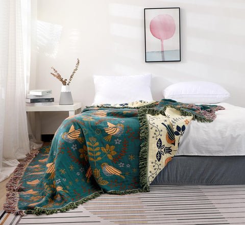 Velzora - Plaid décoratif en coton gaufré à motifs floraux et oiseaux | Velzora