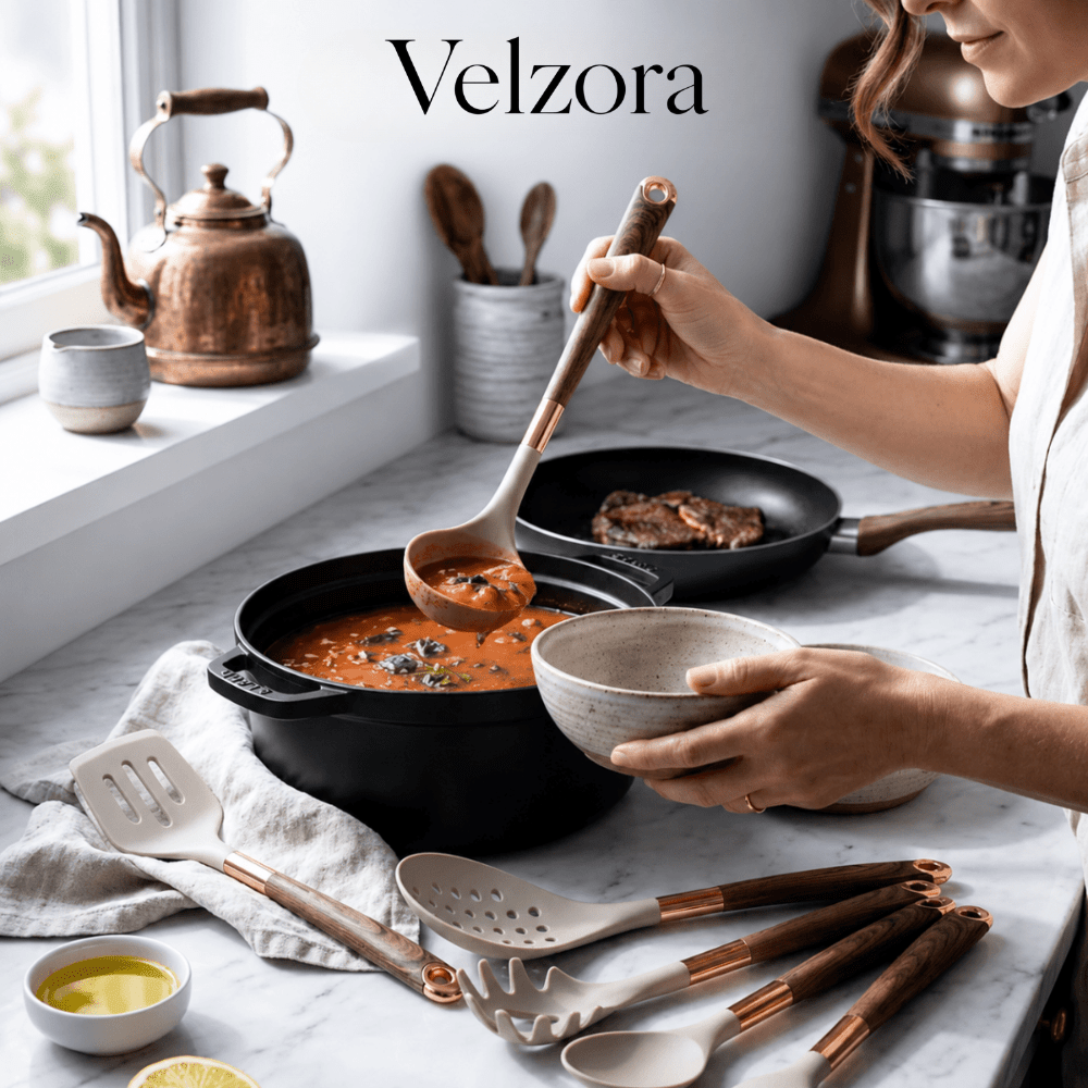 Velzora - Ensemble d’ustensiles 11 pièces silicone bois et or | Velzora