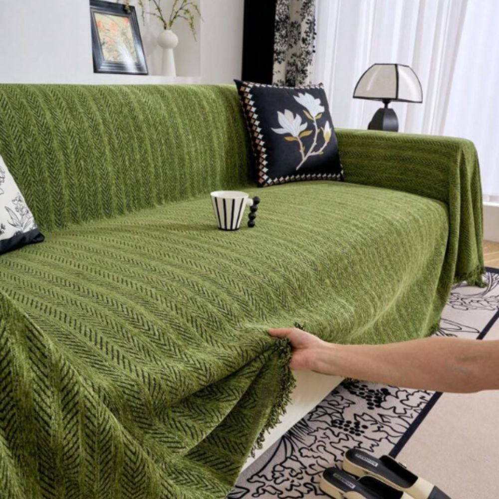 Velzora - Housse de canapé chenille chevron à franges | Velzora