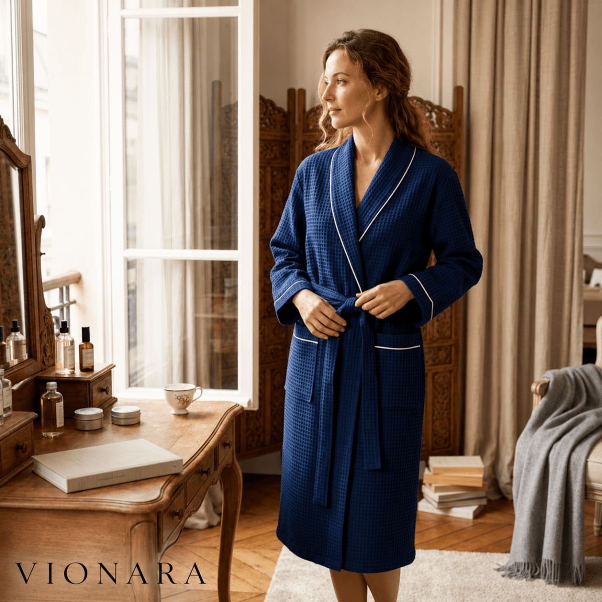 Velzora - Peignoir en coton gaufré, doux et absorbant pour salle de bain