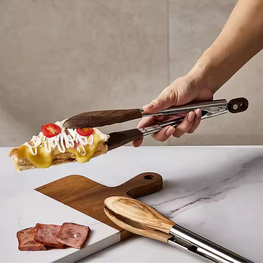 Velzora - Pinces de cuisine en acier inox et bois texturé, lot de 2 | Velzora