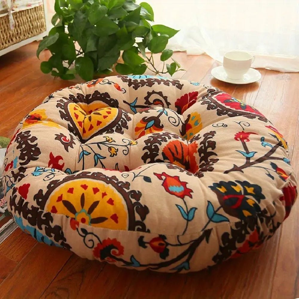 Velzora - Coussin rond en coton épais, imprimé floral bohème