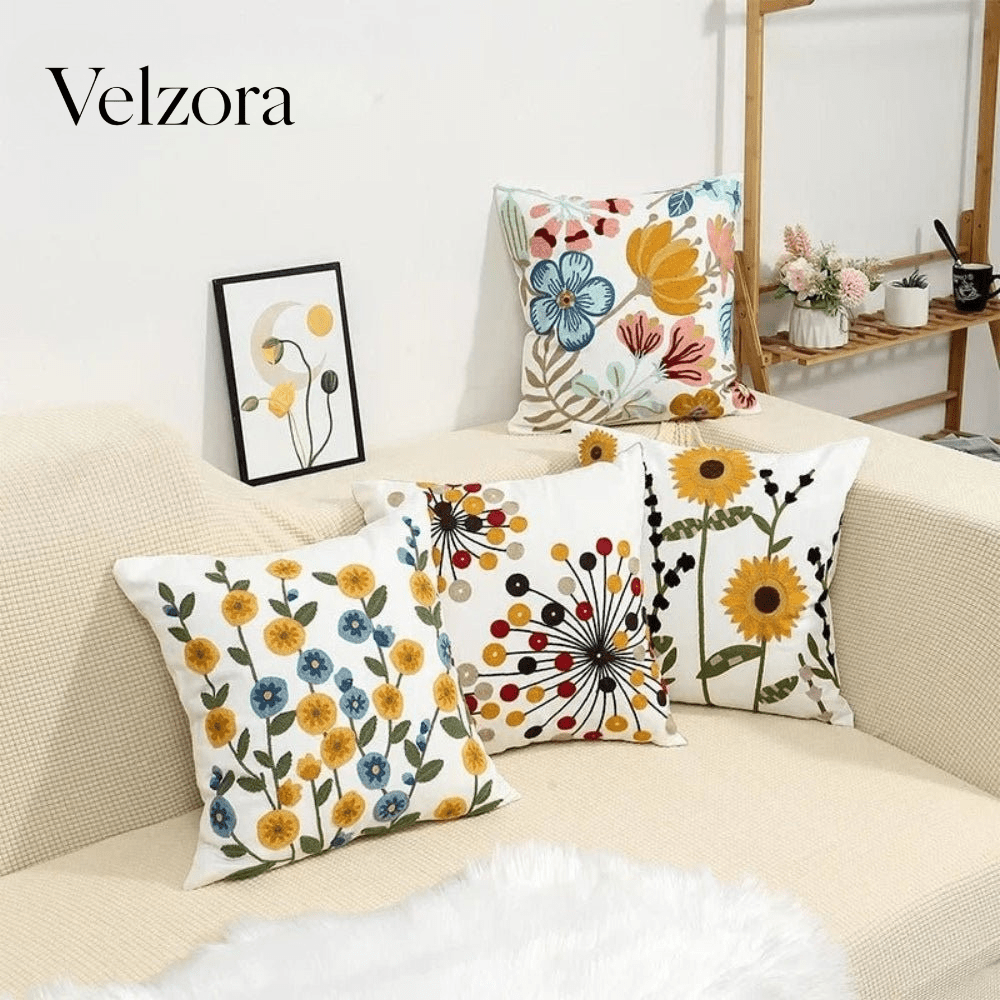 Velzora - Housse de coussin en coton brodé – Motif floral rustique | Velzora