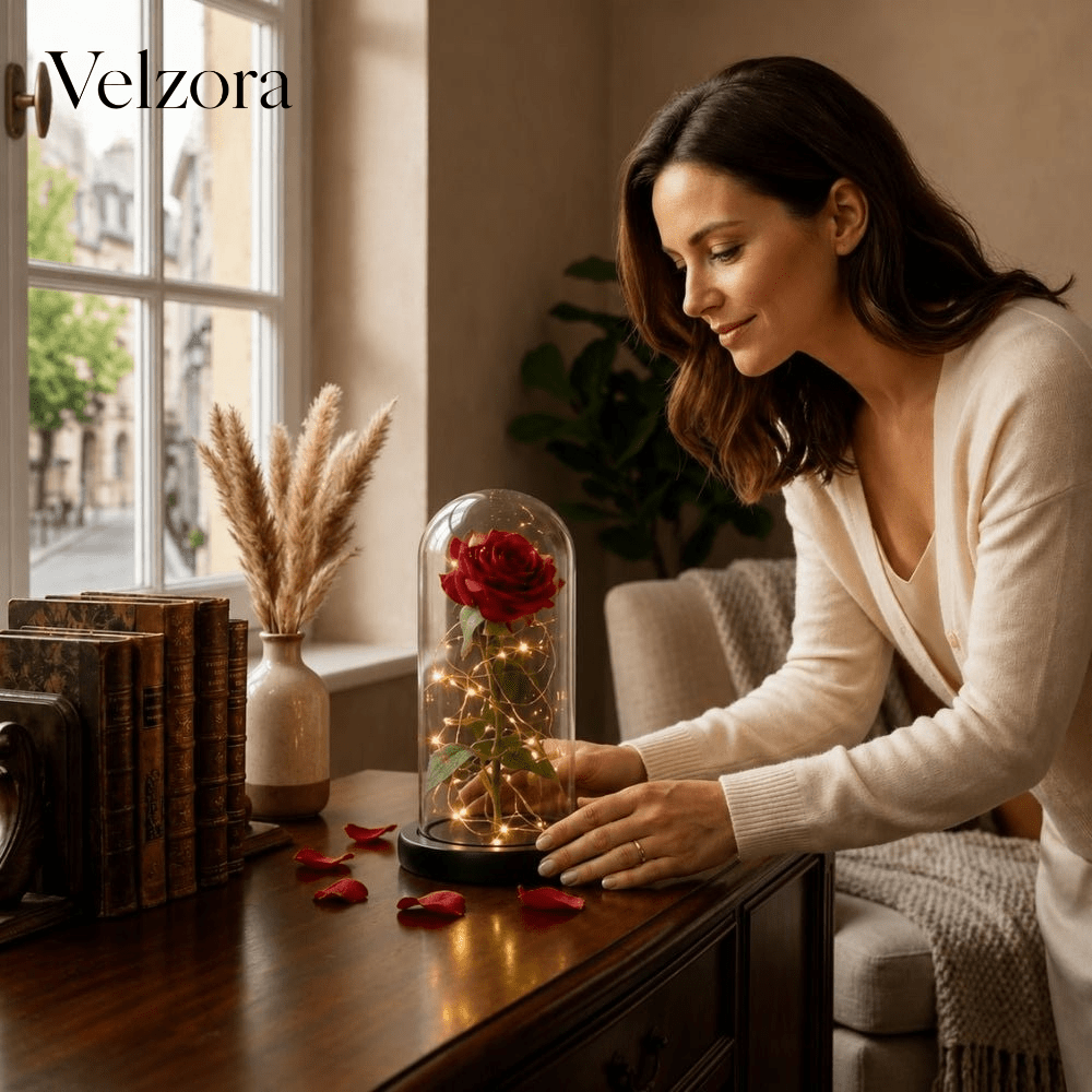 Velzora - Rose préservée sous cloche en verre avec éclairage LED | Velzora