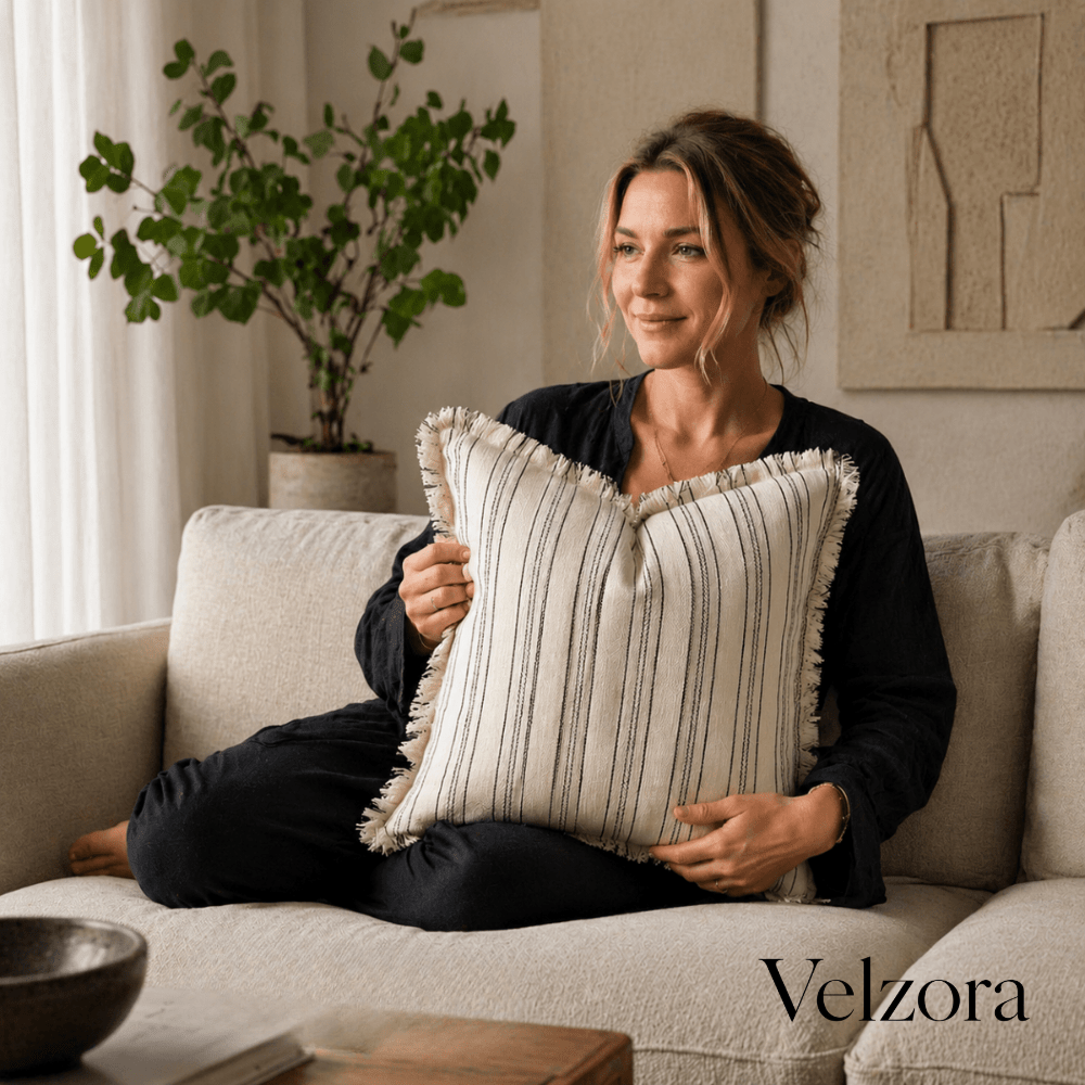 Velzora - Housse de coussin jacquard à franges en coton mélangé | Velzora