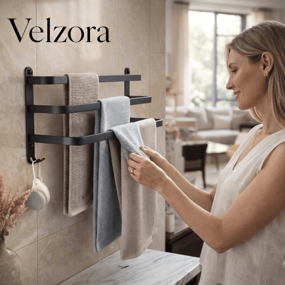 Velzora - Porte-serviettes mural en aluminium noir à design gain de place | Velzora