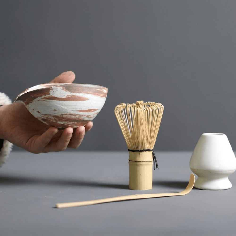 Velzora - Service à matcha japonais en céramique et bambou – 4 pièces