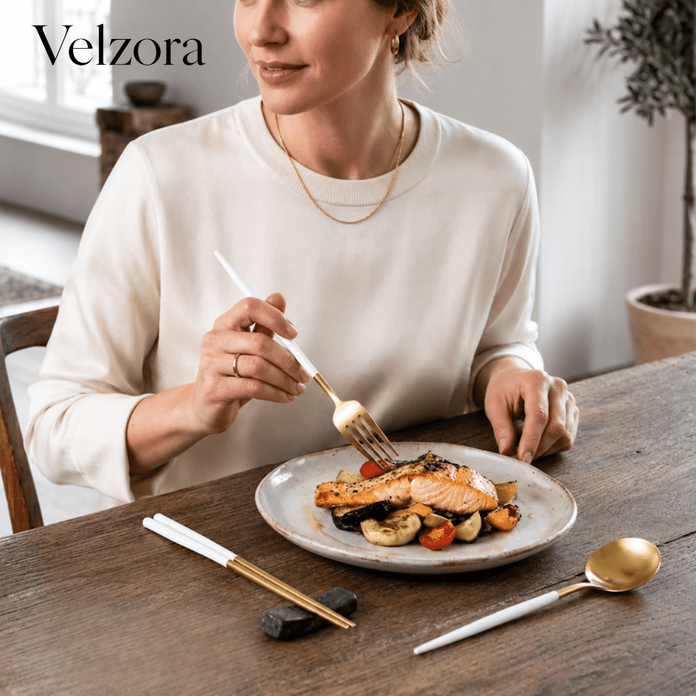 Velzora - Ménagère en acier inoxydable bicolore doré et argenté 24 pièces | Velzora