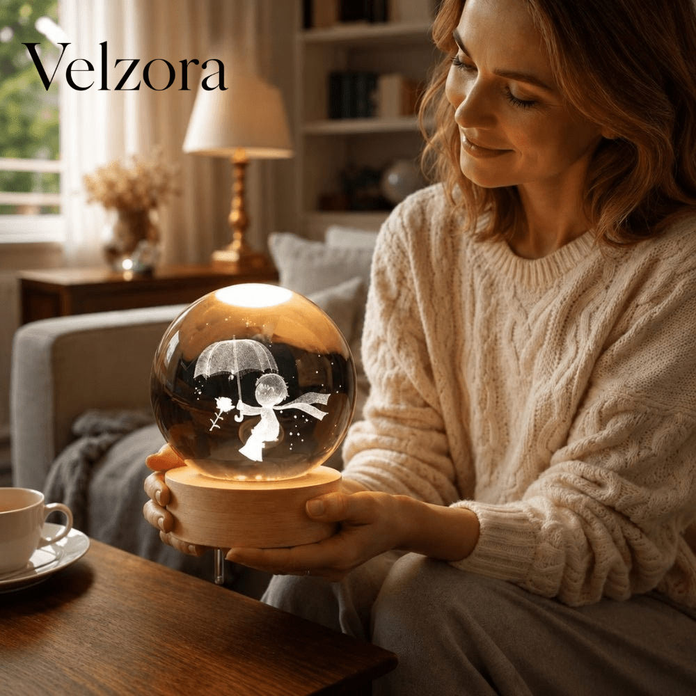 Velzora - Boule lumineuse gravée en verre sur socle en bois | Velzora