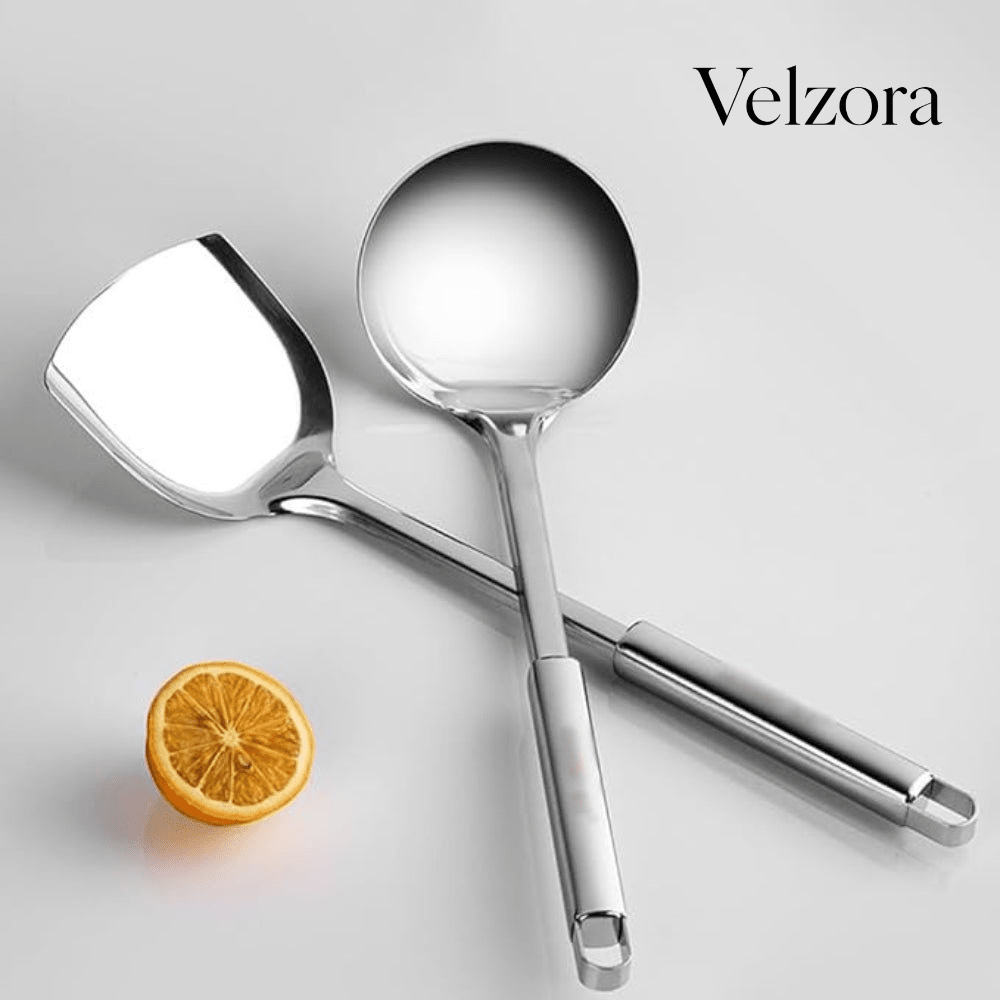 Velzora - Set d’ustensiles de cuisine en acier inoxydable, finition brossée
