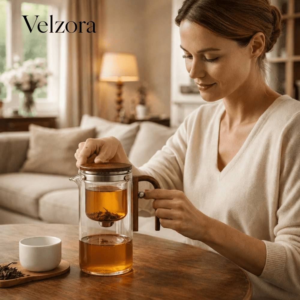 Velzora - Théière en verre borosilicaté – Infuseur acier et poignée bois | Velzora