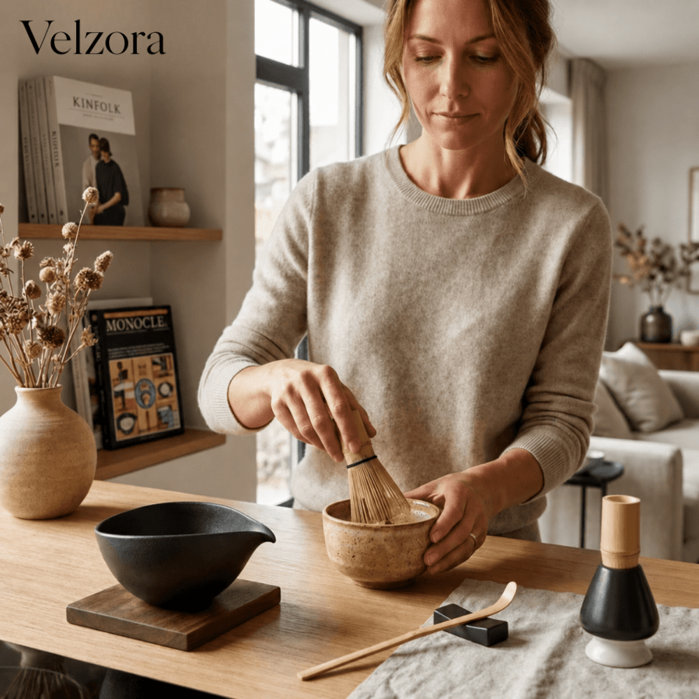 Velzora - Service à matcha japonais en céramique et bambou – 4 pièces