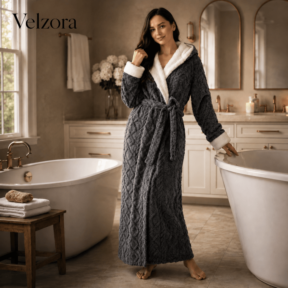 Velzora - Peignoir long en maille douce avec capuche et poches | Velzora