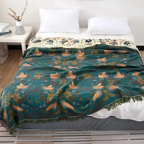 Velzora - Plaid décoratif en coton gaufré à motifs floraux et oiseaux | Velzora