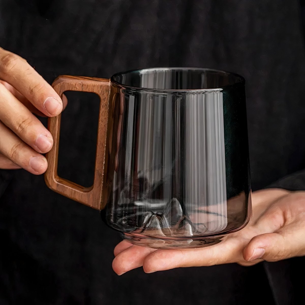 Velzora - Tasses à café inclinées en verre fumé avec poignée en noyer