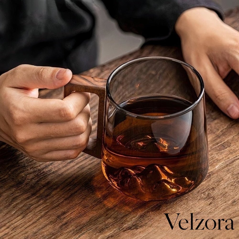 Velzora - Tasses à café inclinées en verre fumé avec poignée en noyer